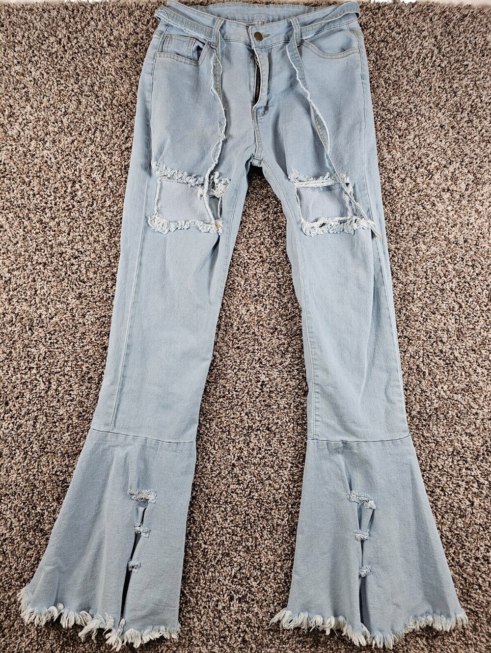 Womens Juniors M BELL BOTTOM jeans Ripped Distressed High Rise Stretch Festival